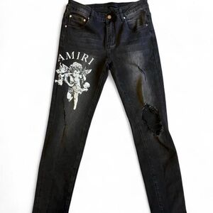 AMIRI Black Distressed Skinny Jeans with Graphic